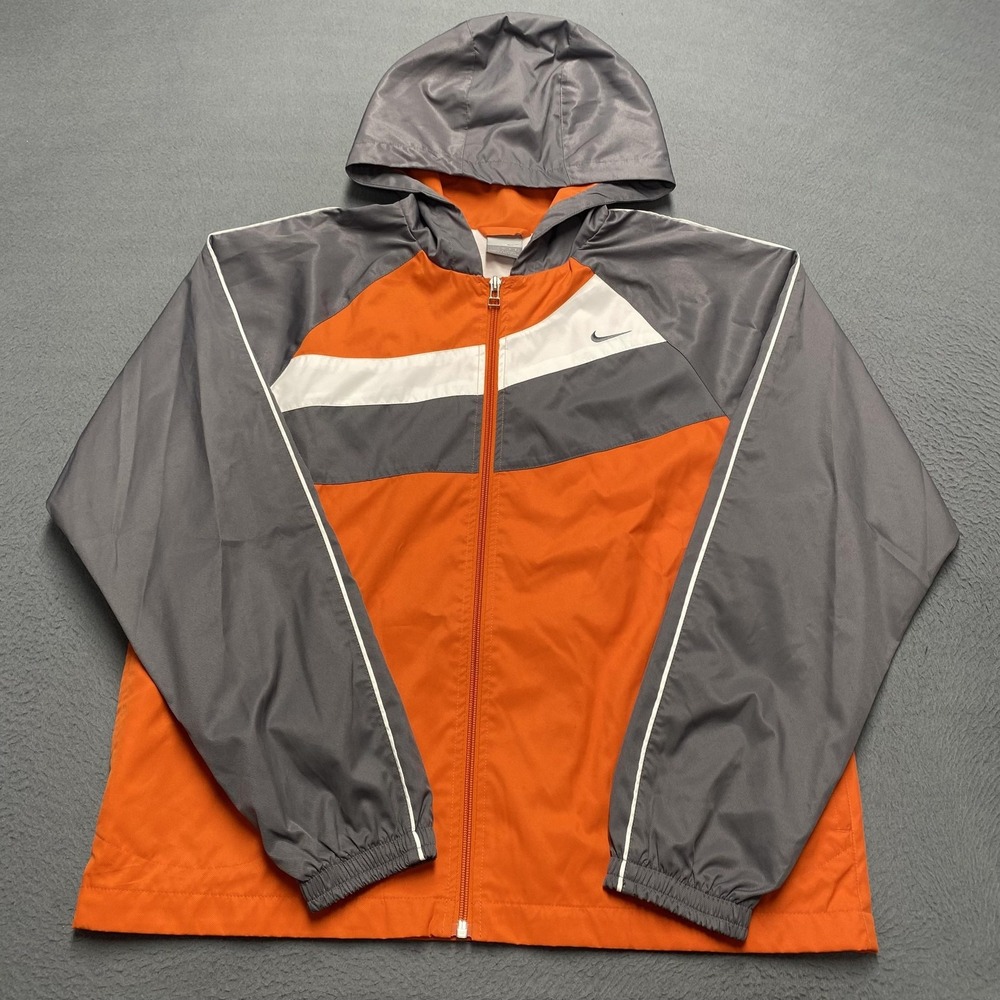 VTG Nike Jacket Youth Large Orange Gray Hooded Full Zip‎ Windbreaker Lightweight